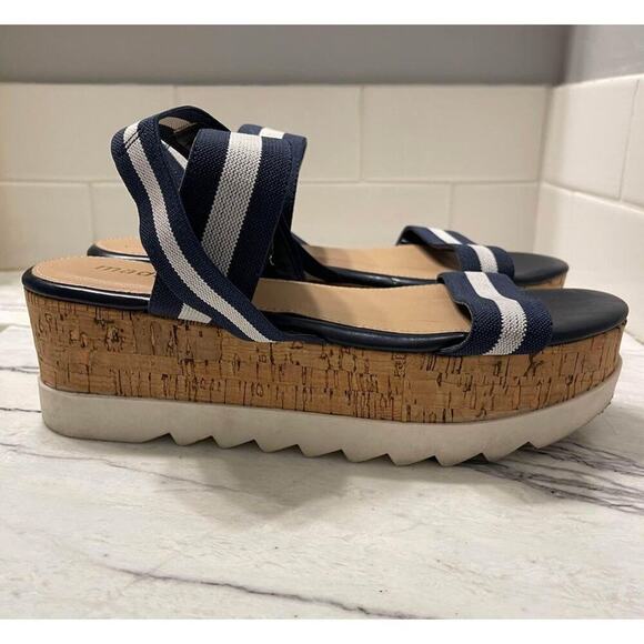 Madden Platform Cork Sandals Women's Size 8.5 Blue/White Straps Nautical Summer - Picture 1 of 6
